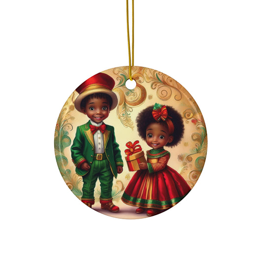 African American Brother and Sister Holiday Ceramic Ornament